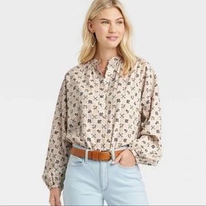 Women’s Balloon Long Sleeve Poet Top - Universal Thread Cream Checkered XXL